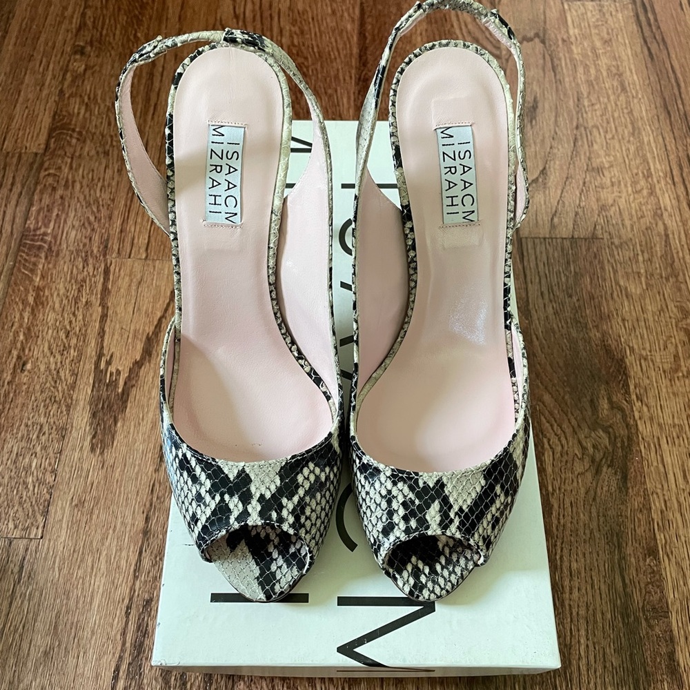 Isaac Mizrahi Brava Snakeskin Peep Toe Slingback Heels